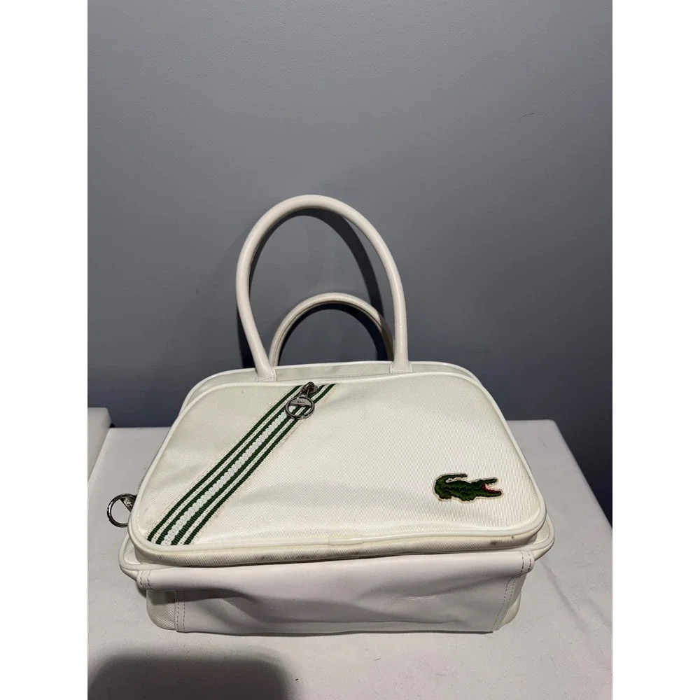 Lacoste White Canvas Vintage Bowling Bag Striped Sporty Satchel Top Handle Purse